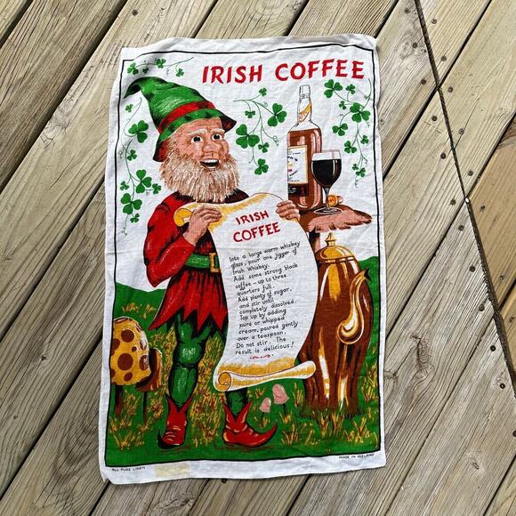 Vintage Leprechaun Irish Coffee Recipe Decorative Tea Towel - Picture 1 of 7